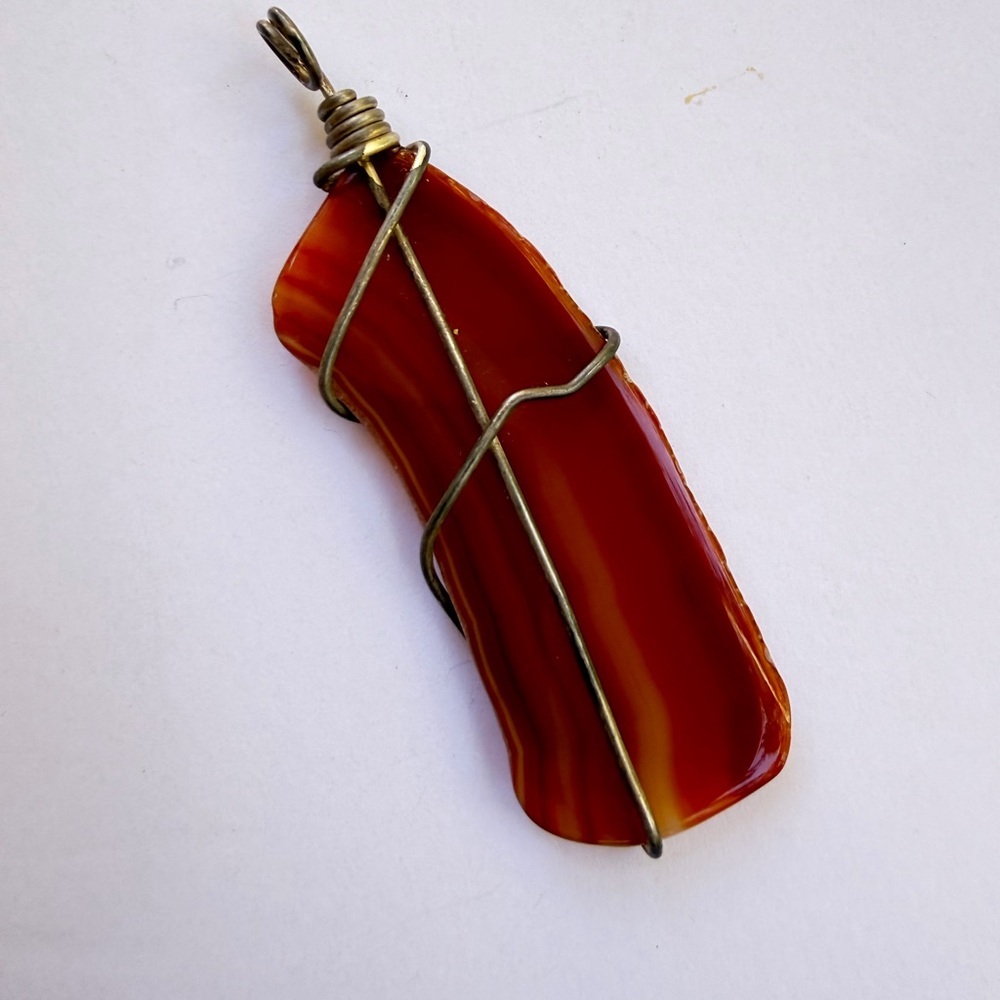 Wire Wrapped Polished Banded Carnelian Agate Pendant​ - Picture 2 of 4